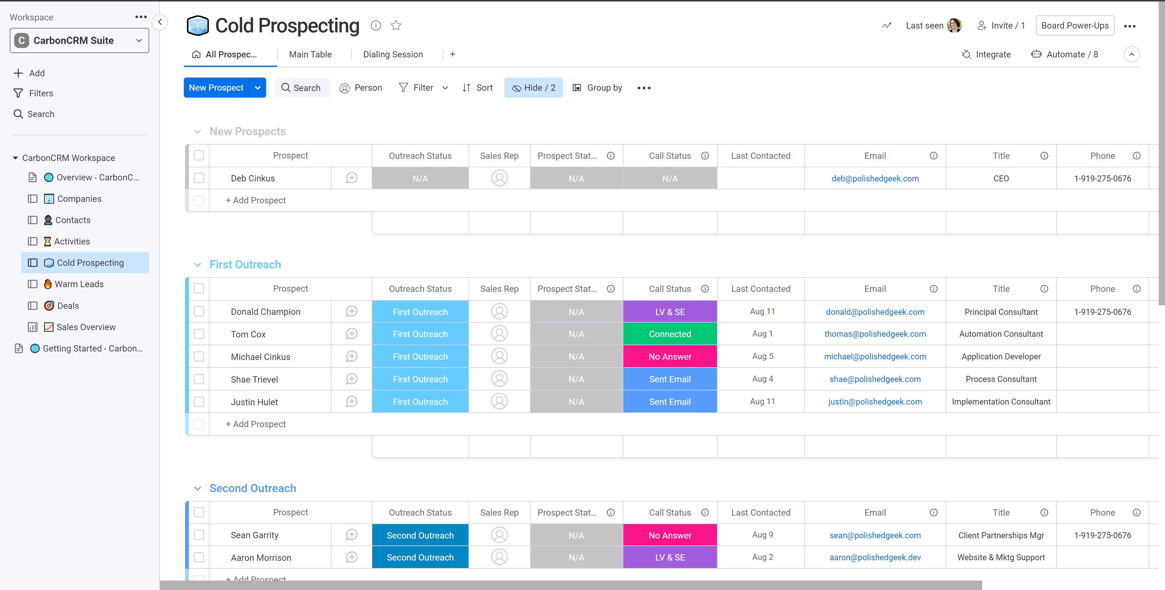 Carbon CRM Cold Prospecting board screenshot