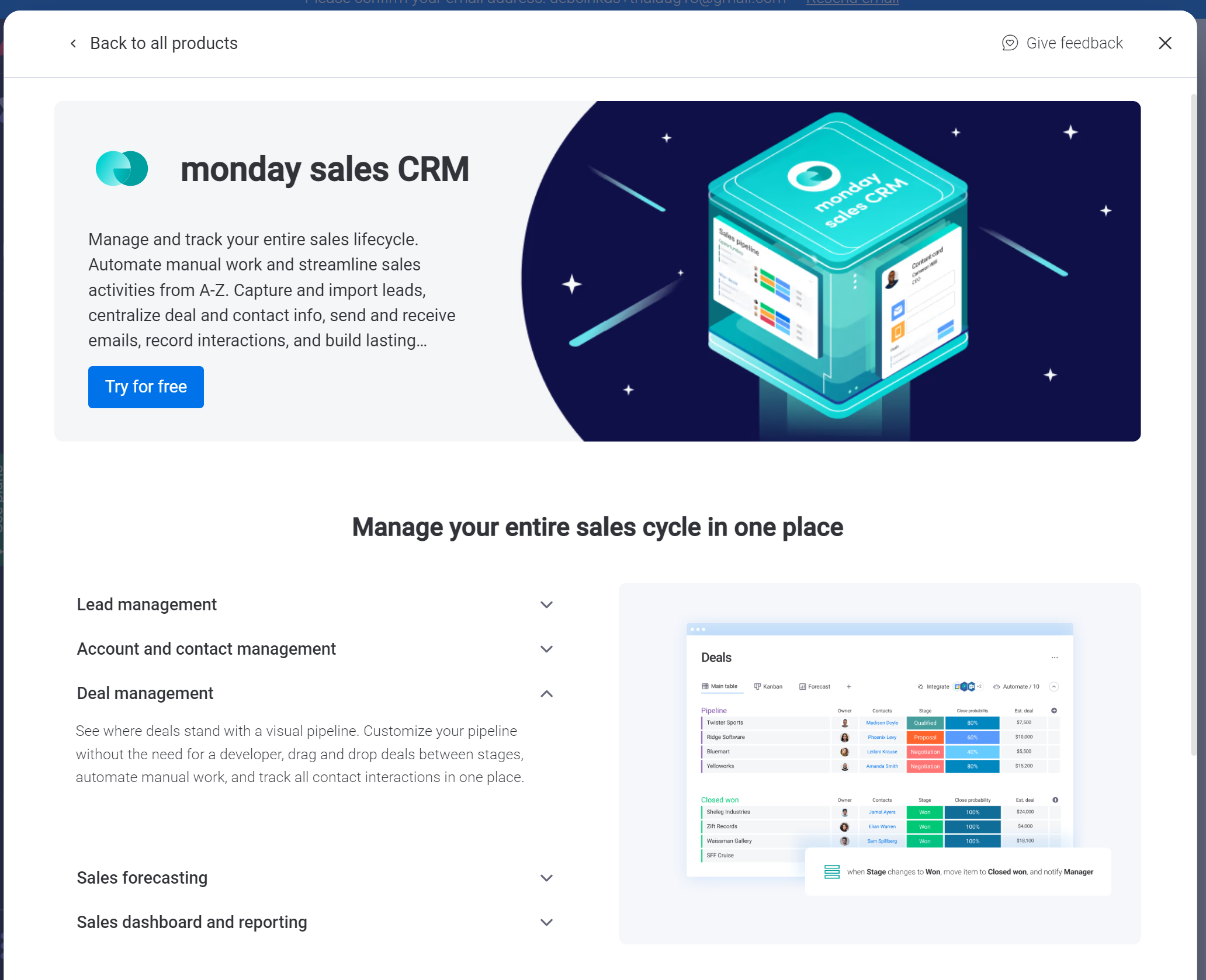 Monday.com Sales CRM splash page screenshot