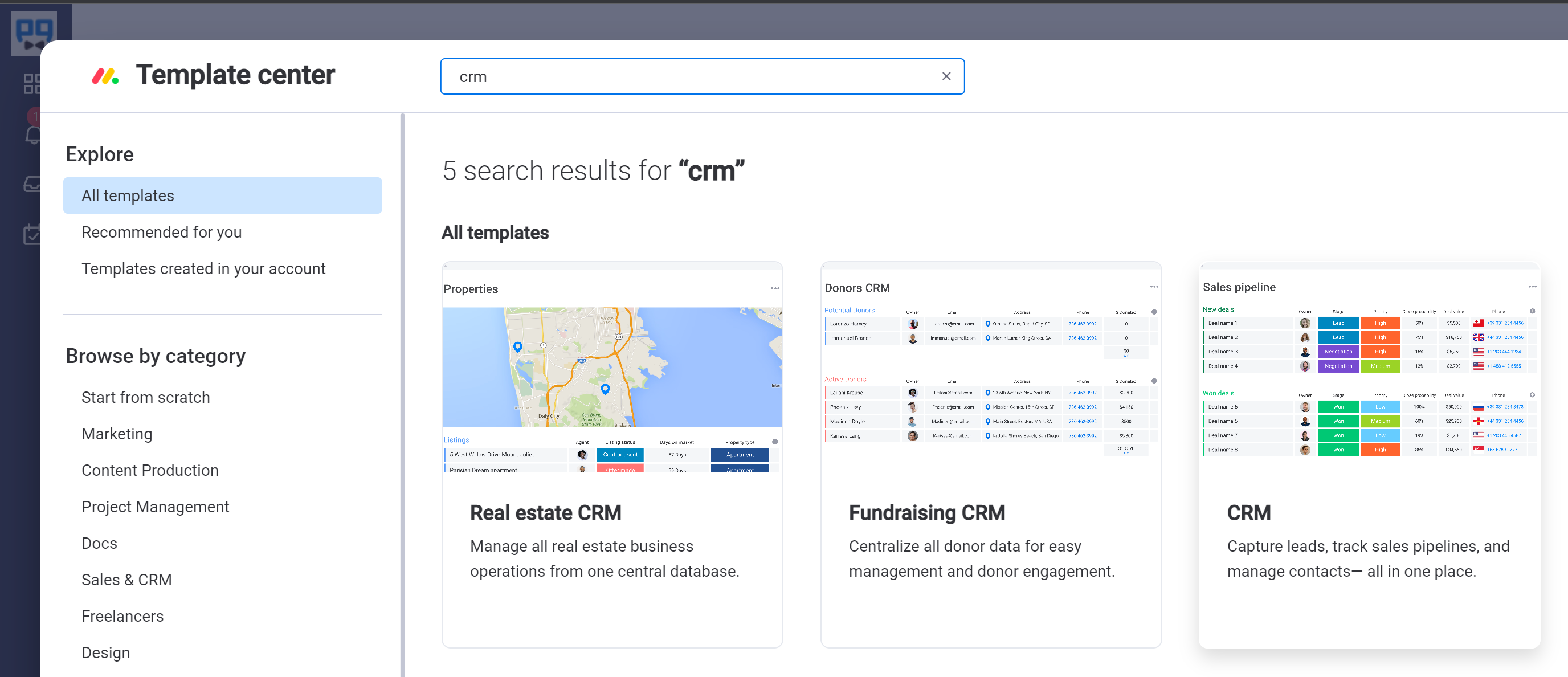 Screenshot searching for CRM in the monday template center